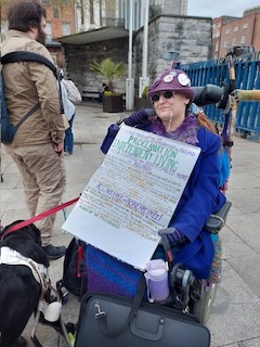 Isolde Carmody and Bram at Disability Power Ireland Protest Dublin Person in wheelchair holding a handwritten protest sign about accessibility and inclusion