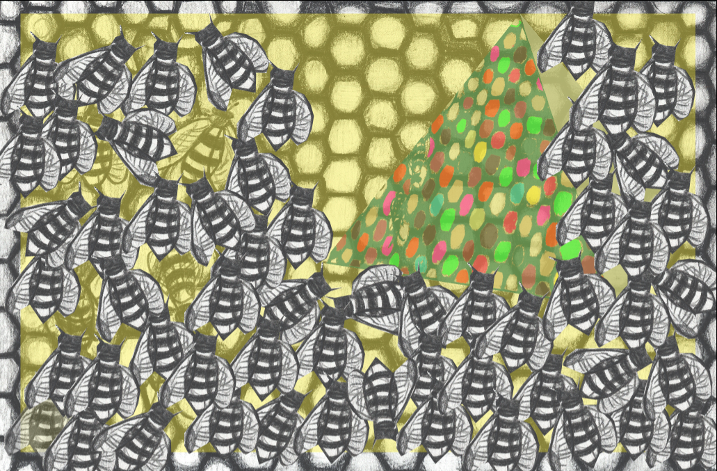 Illustration of many black and white bees clustered around a colorful, triangular beehive with hexagonal honeycomb background