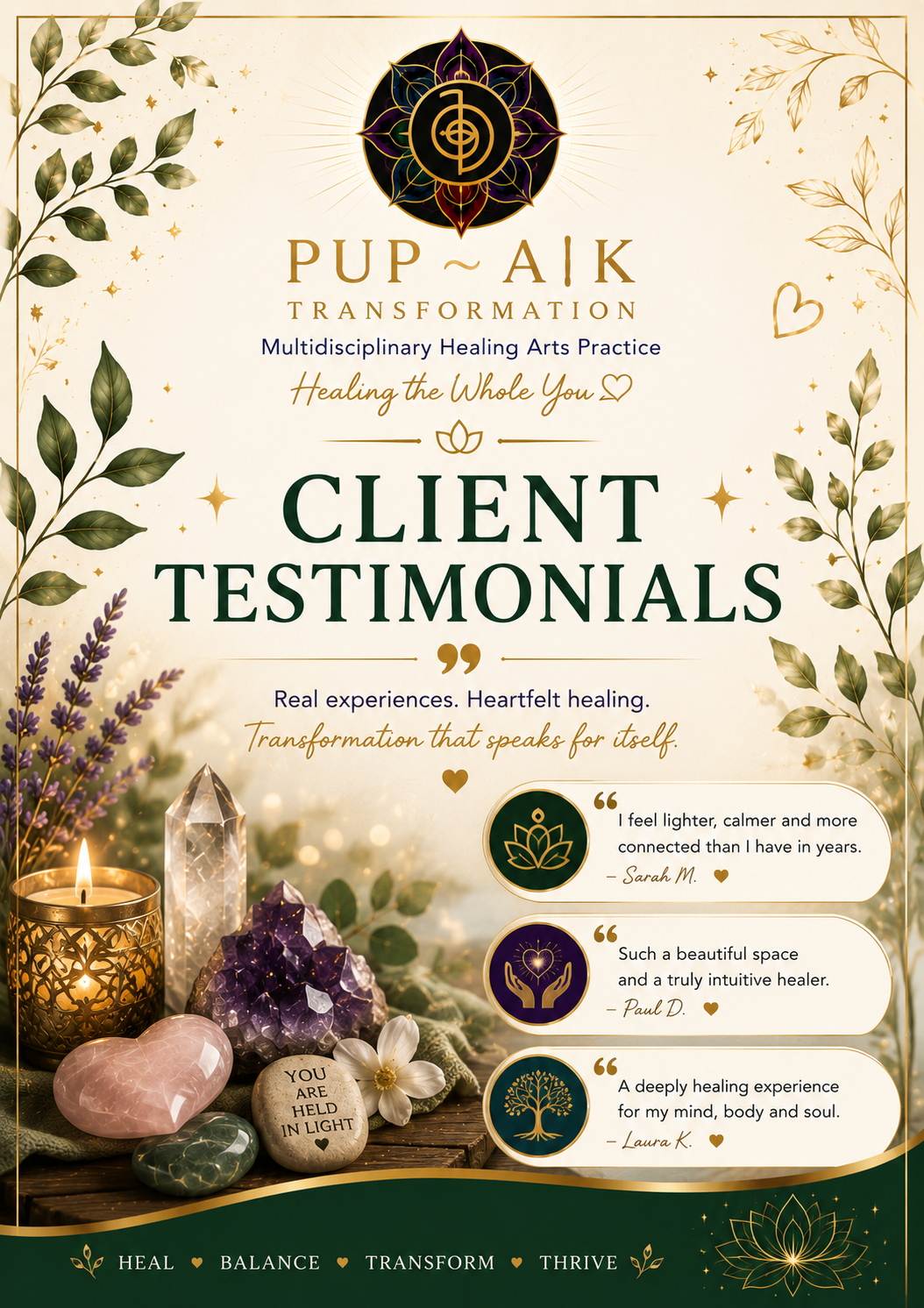 PUP AIK Transformation multidisciplinary healing arts practice client testimonials with quotes about healing experiences and decorative healing stones, candle, and flowers