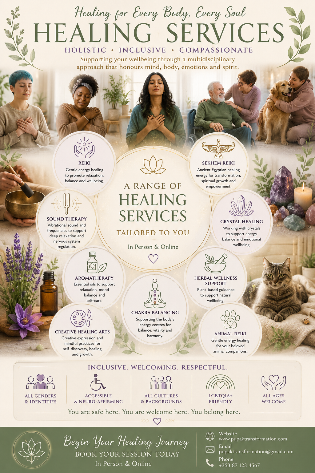 Healing services tailored to you including reiki, sound therapy, aromatherapy, creative healing arts, chakra balancing, sekhem reiki, crystal healing, herbal wellness support, and animal reiki. Inclusive, welcoming, respectful for all genders, cultures, identities, and ages. Contact details for booking sessions in person and online.