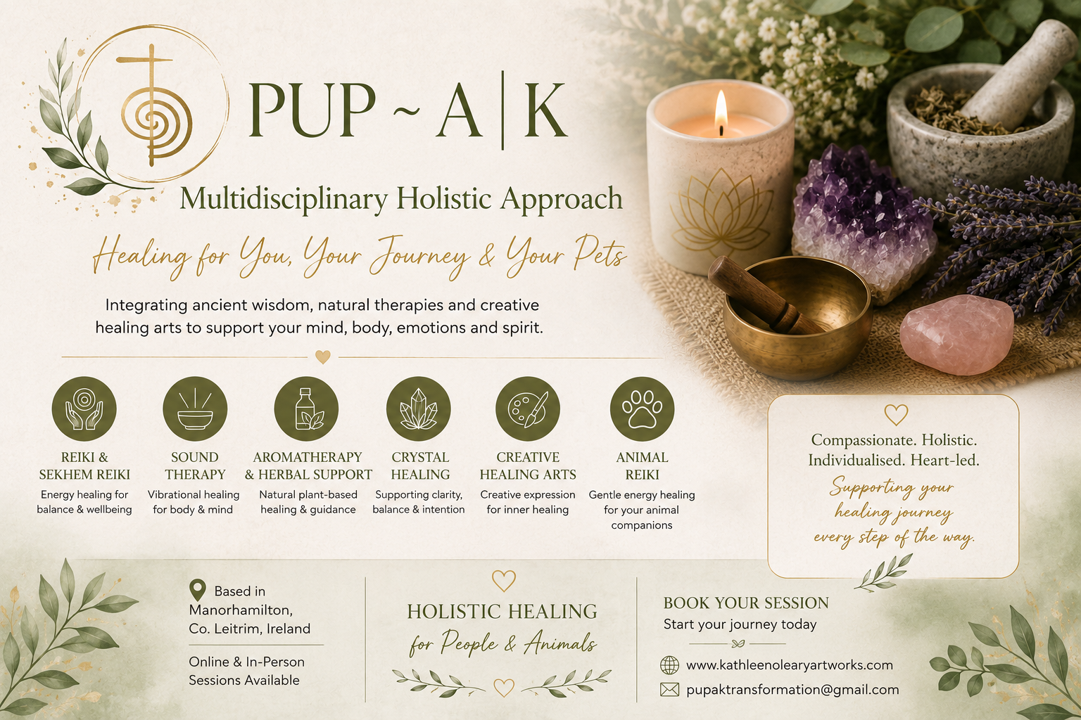 PUP-A|K Multidisciplinary Holistic Approach healing for you, your journey, and your pets with therapies including Reiki, Sound Therapy, Aromatherapy, Crystal Healing, Creative Healing Arts, and Animal Reiki, based in Manorhamilton, Ireland, with online and in-person sessions available