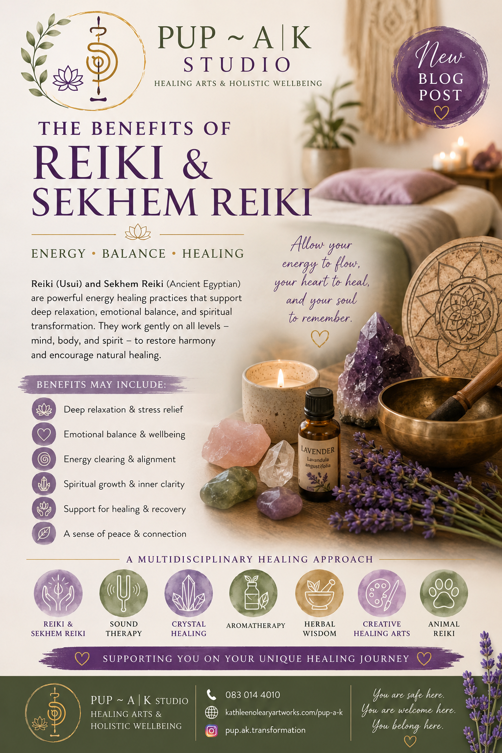 The benefits of Reiki and Sekhem Reiki energy healing practices with images of healing crystals, lavender oil, a candle, and a singing bowl on a wooden table in a calming room