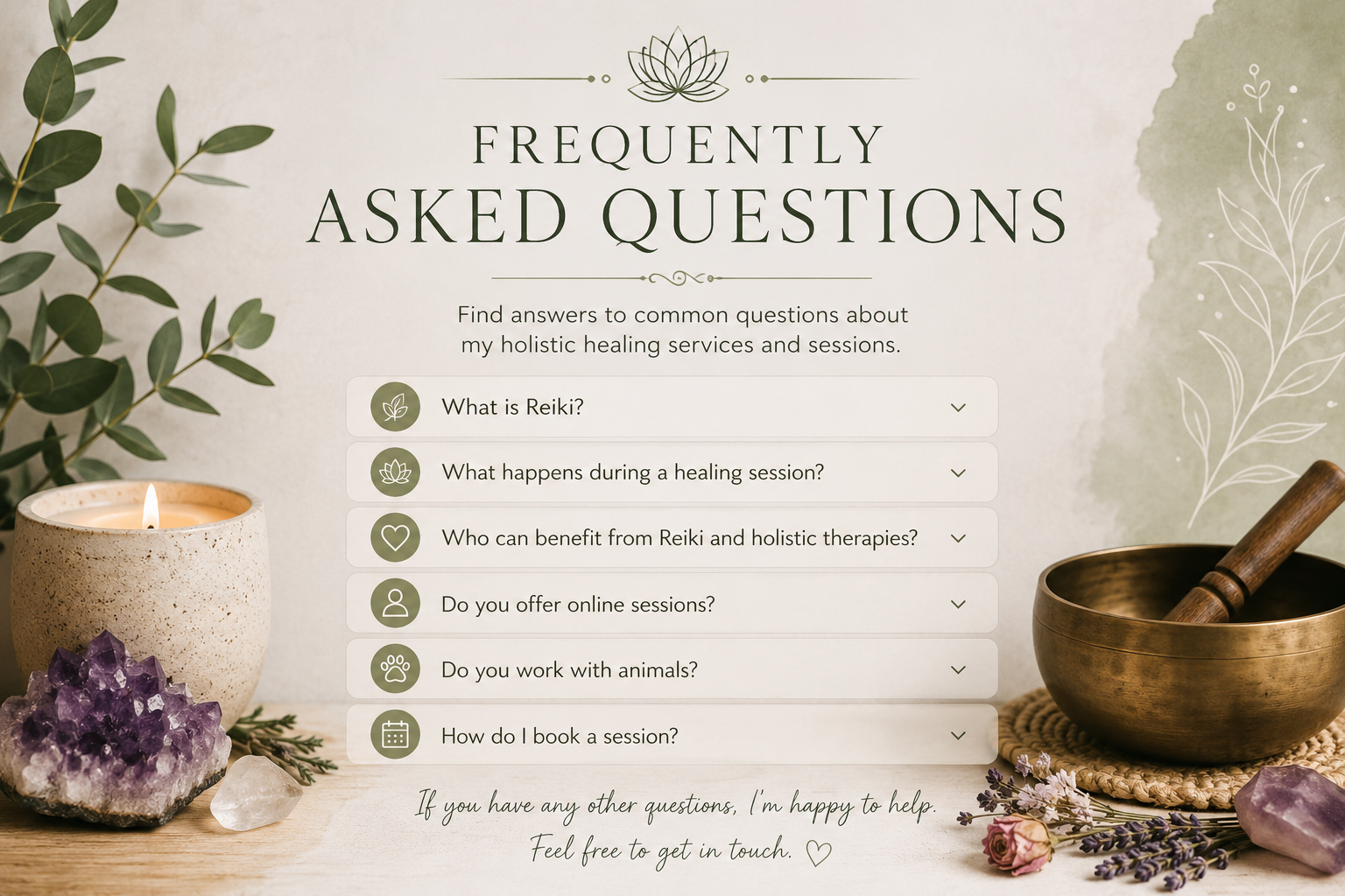 Frequently Asked Questions about holistic healing services with six expandable questions such as What is Reiki and How do I book a session. Decorative images include a lit candle, crystals, and a brass singing bowl.