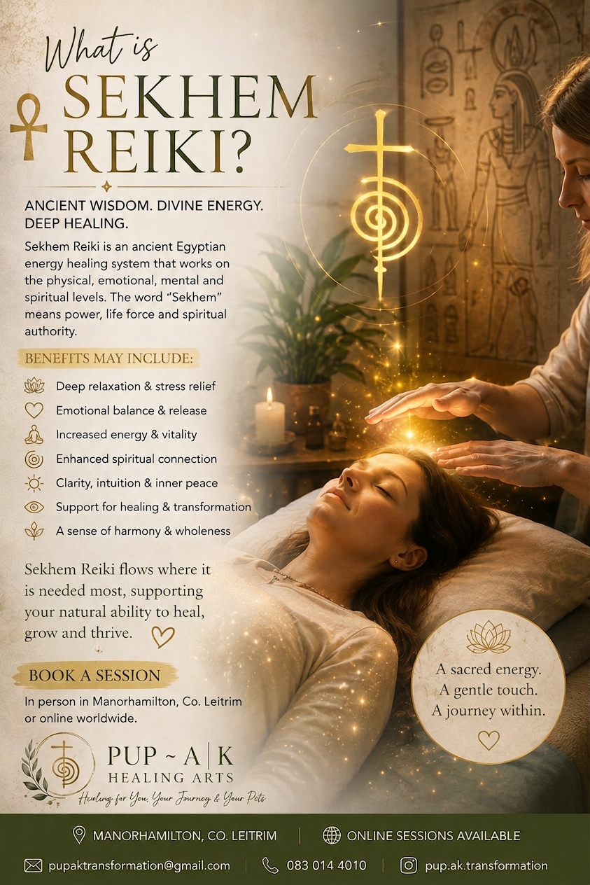 Sekhem Reiki information with a person receiving energy healing on a treatment table, surrounded by symbols and warm light effects