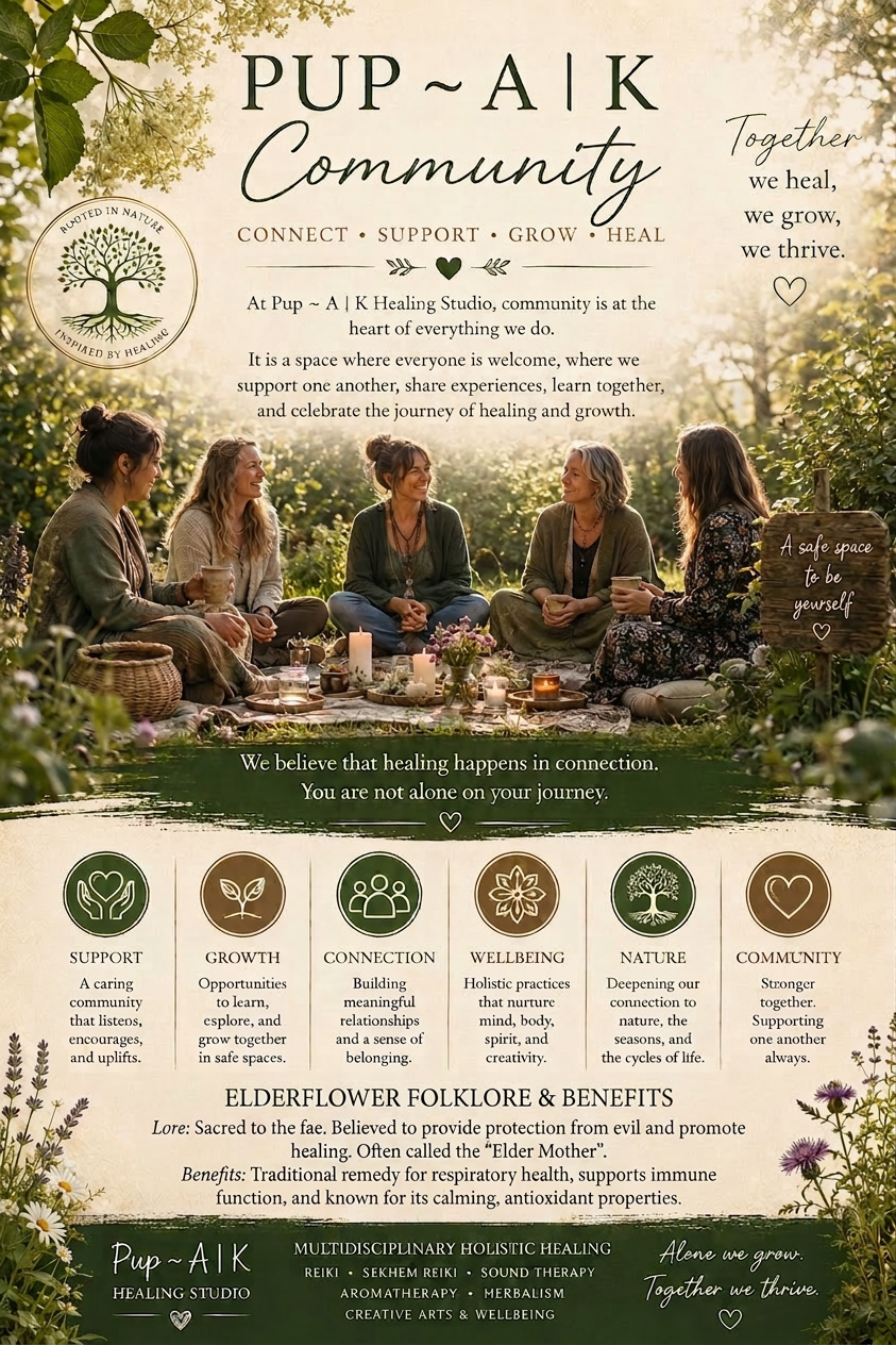 Pup ~ A | K Community Five women sitting in a circle outdoors, surrounded by candles and plants, sharing a moment of connection and healing