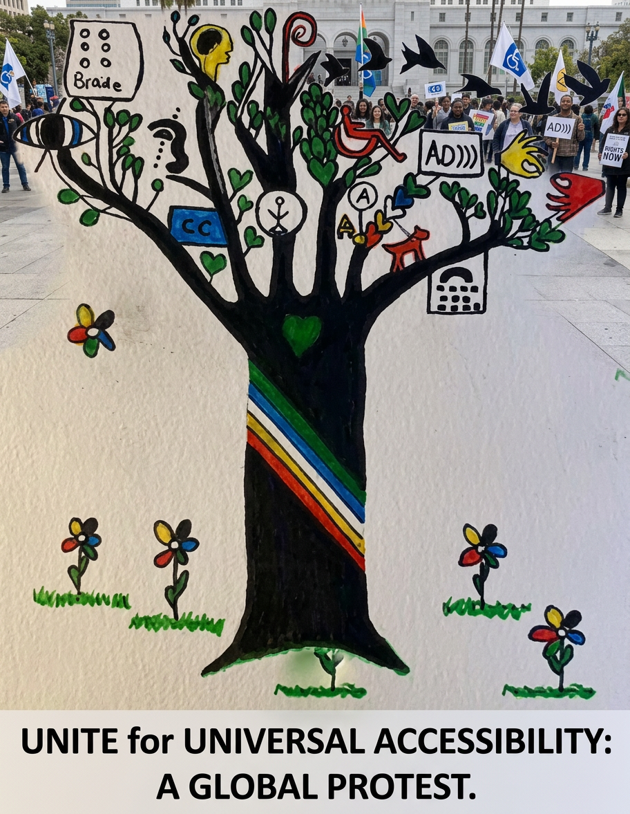 The Power Tree by K O'Leary Illustration of a tree with symbols for accessibility including braille, sign language, wheelchair, hearing aid, closed captioning, and others, with people protesting in the background holding signs and flags for universal accessibility.
