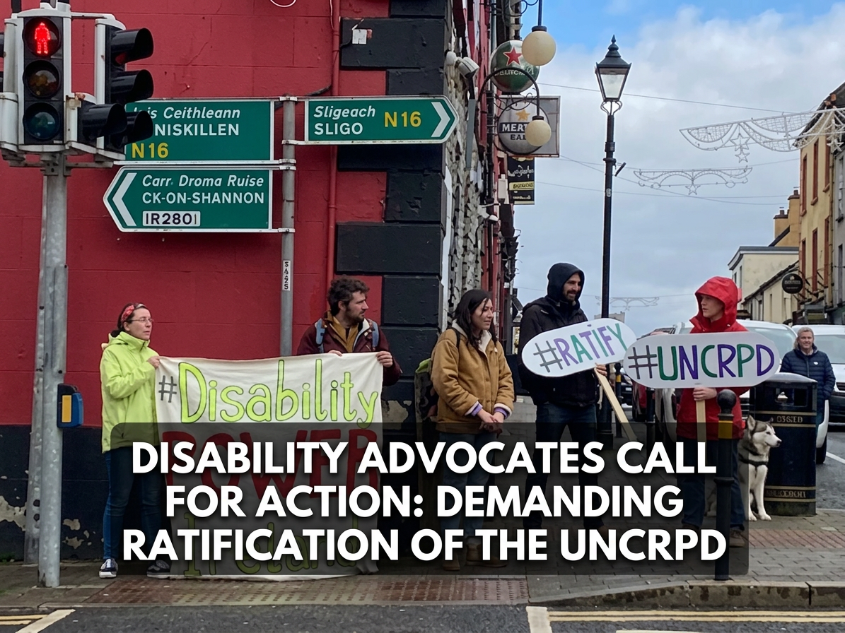 Disability Power Ireland Disability advocates holding signs calling for ratification of the UNCRPD on a city street corner